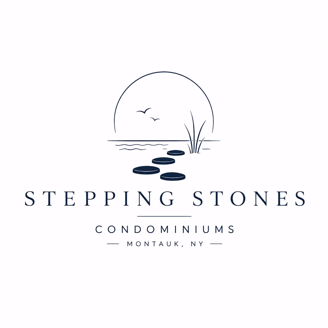 Stepping Stones Condominiums logo with stepping stones, water, grass, birds, and sun in Montauk, NY.