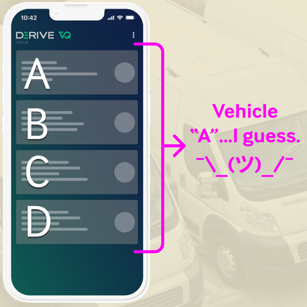 A mockup images showing how selecting from a list of similar vehicles could be a challenge.