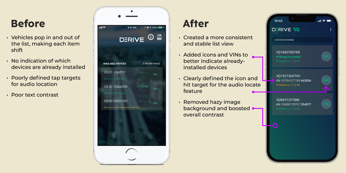 A before and after of the VQ Installer app