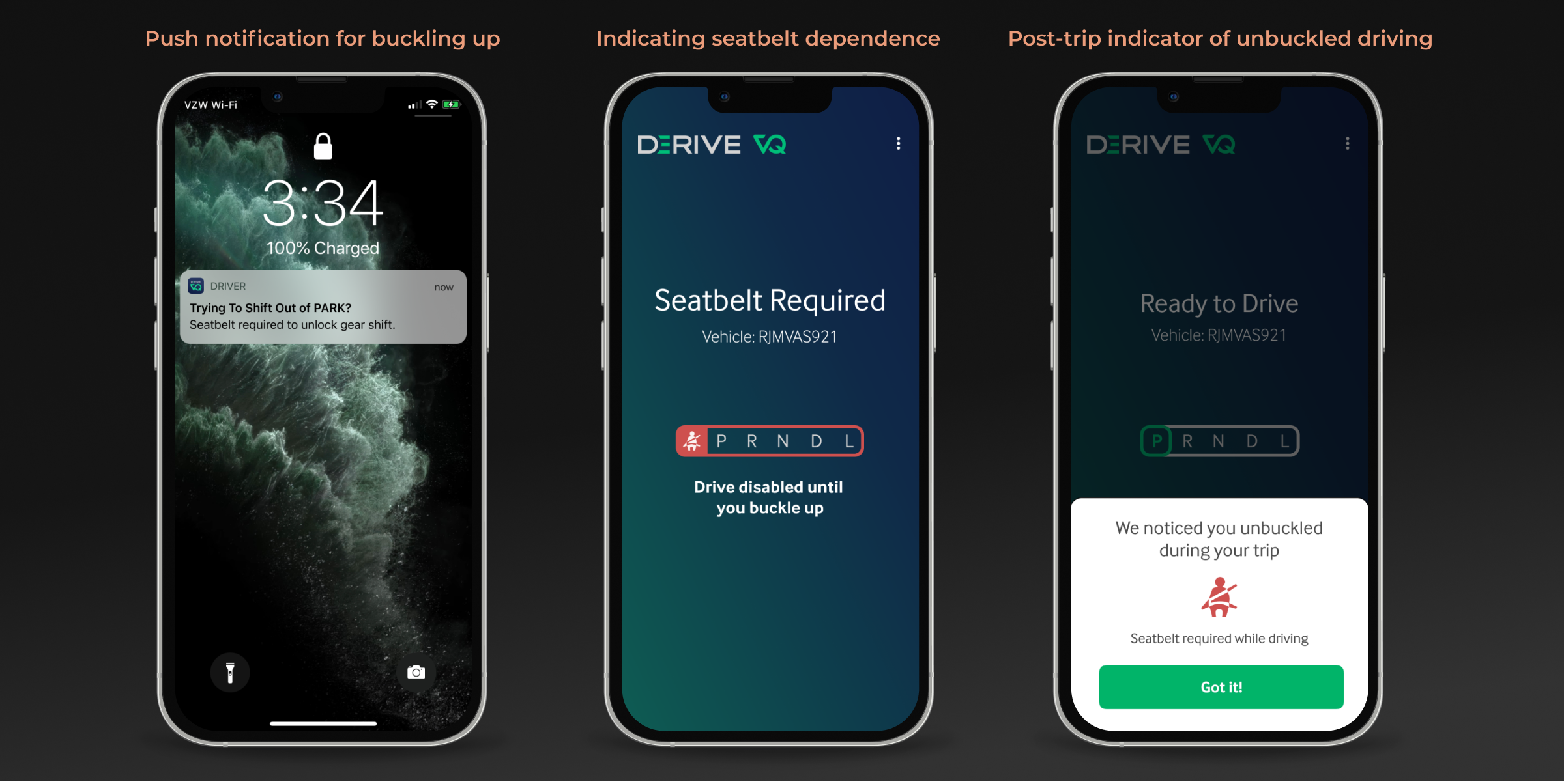 Images of the Seatbelt Dependent Start feature on iPhone.