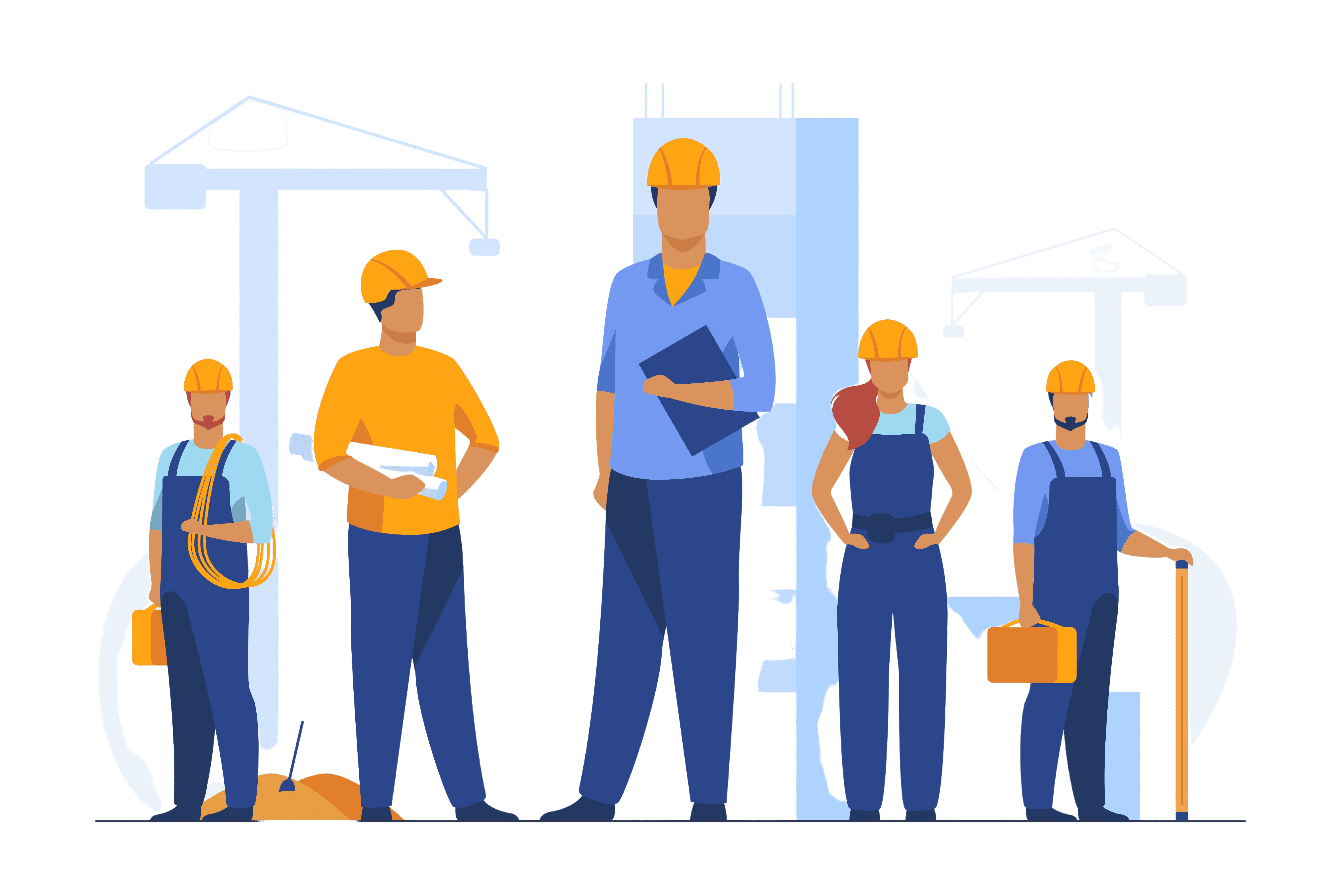 Drawing of a construction crew standing around with various tools
