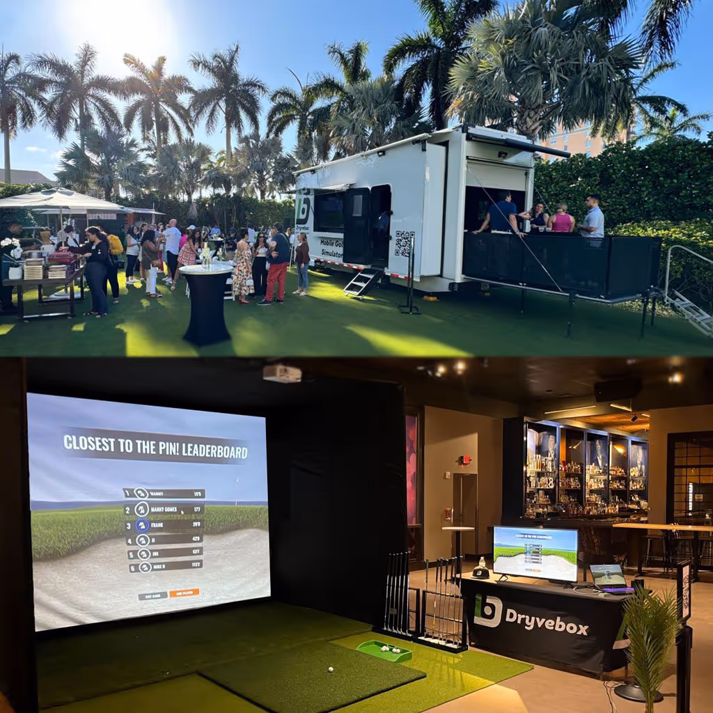 Mobile golf simulator set up at an outdoor event. Indoor pop-up golf simulator set up at a venue. 