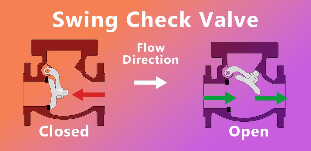 The left check valve is closed because back pressure is pressing the swing arm against the seal. The right check vlave is open because forward pressure is pushing the swing arm open.