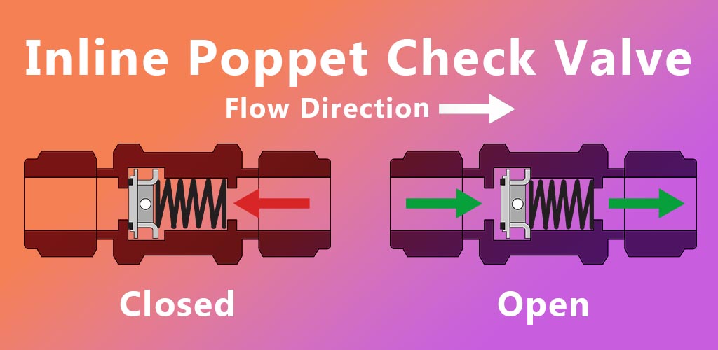 The left check valve is open because back pressure is pushing the poppet closed. The right check valve is open because forward pressure is pushing the poppet open.
