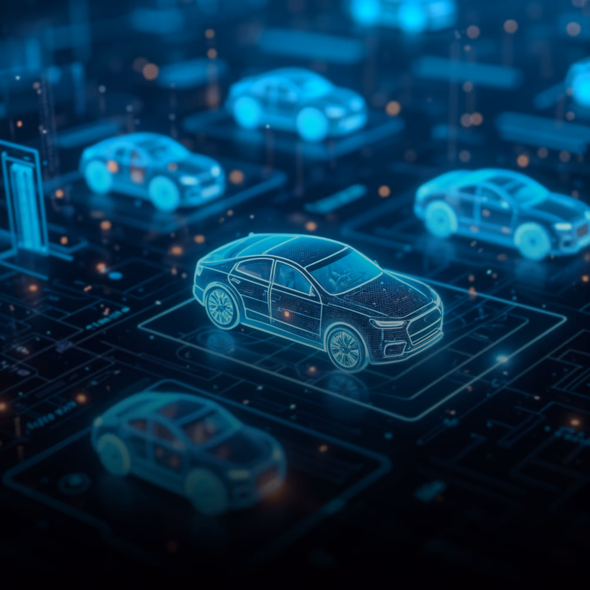 Virtual 3D models of cars overlaid on a digital grid interface, visualizing AI-driven automotive development using Arm Zena systems.