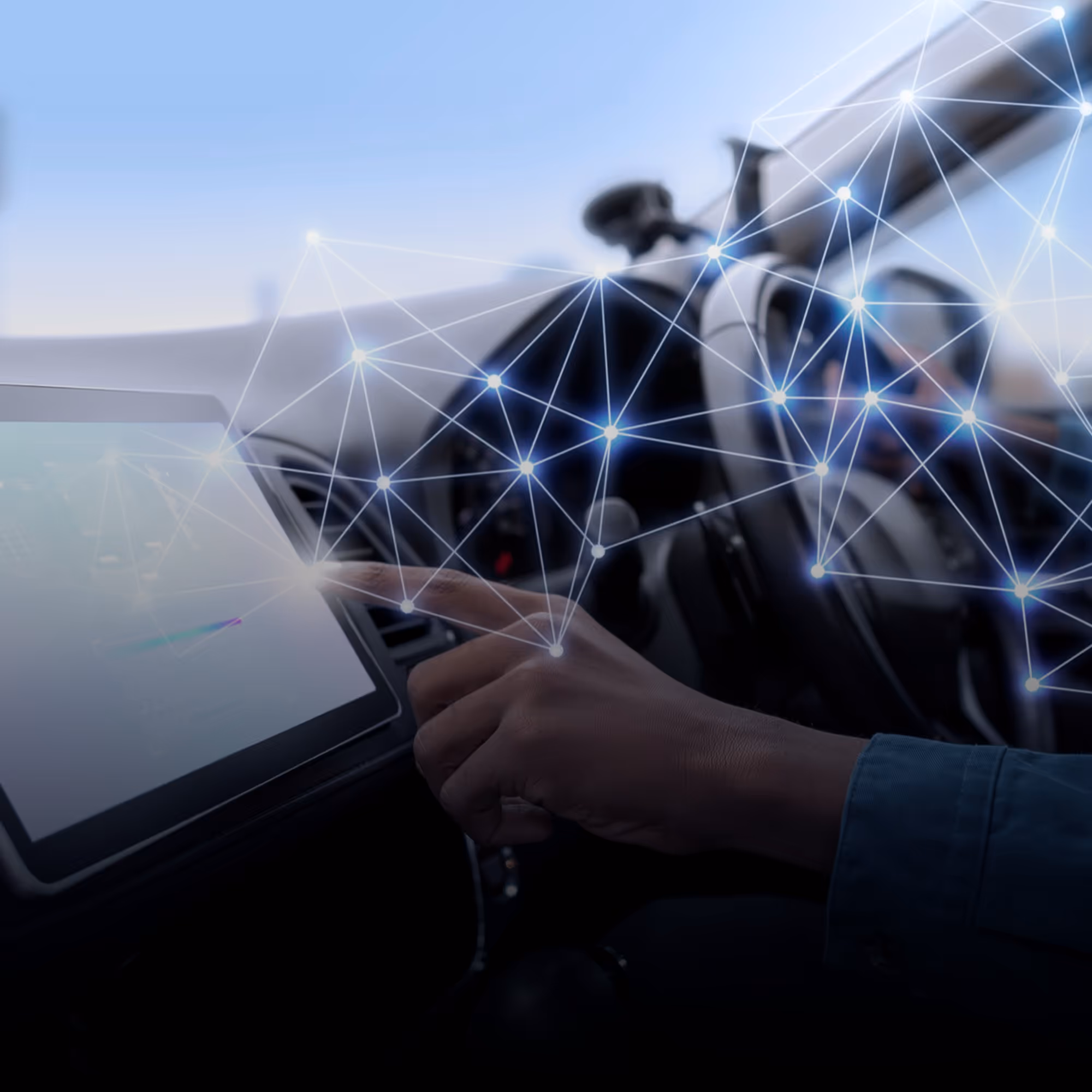 Hand interacting with a car dashboard touchscreen, overlaid with neural network nodes, symbolizing Copilot-enabled migration to Arm servers.