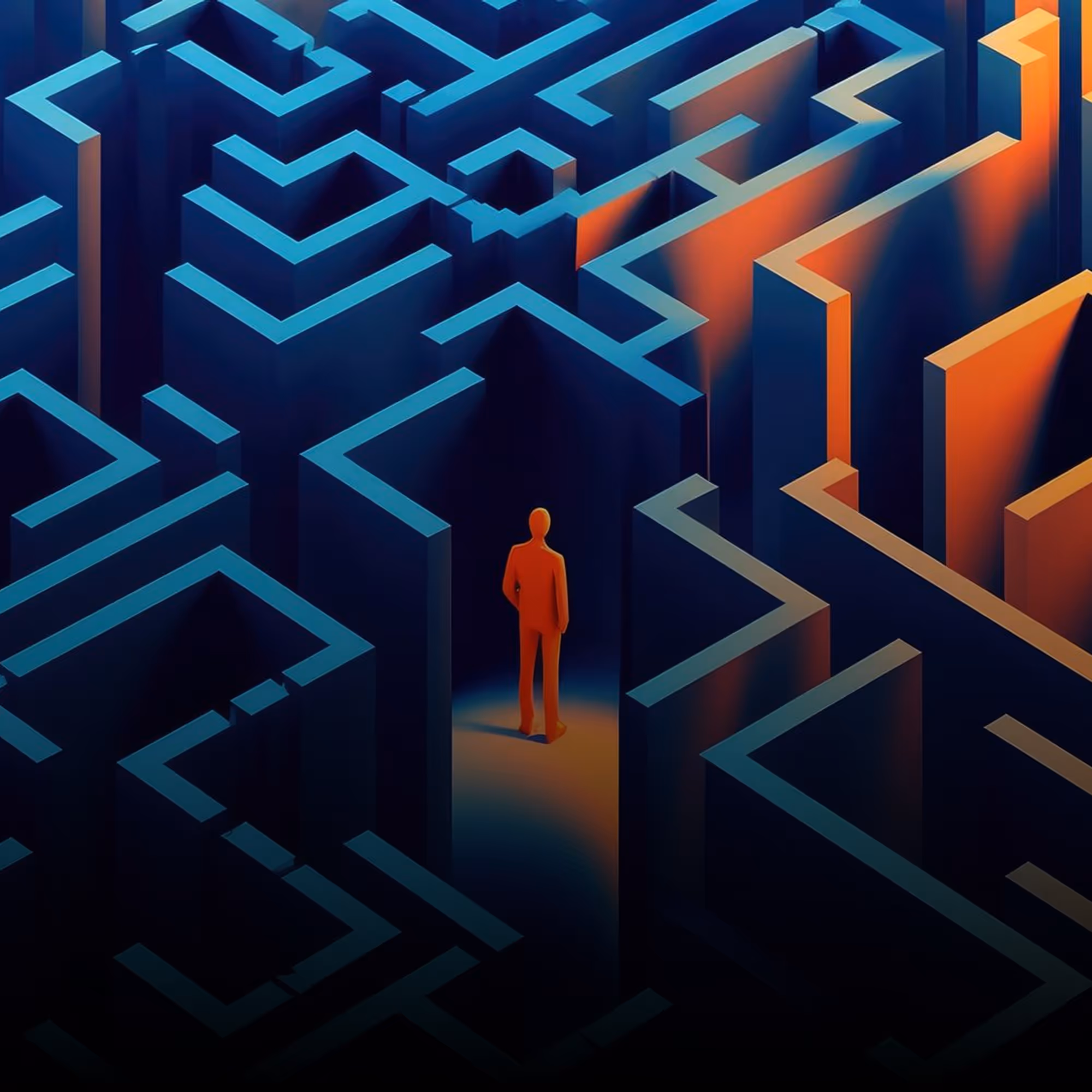 Person standing in a 3D geometric maze of blue and orange walls, representing the complexity of SBOMs, compliance, and open source software governance.
