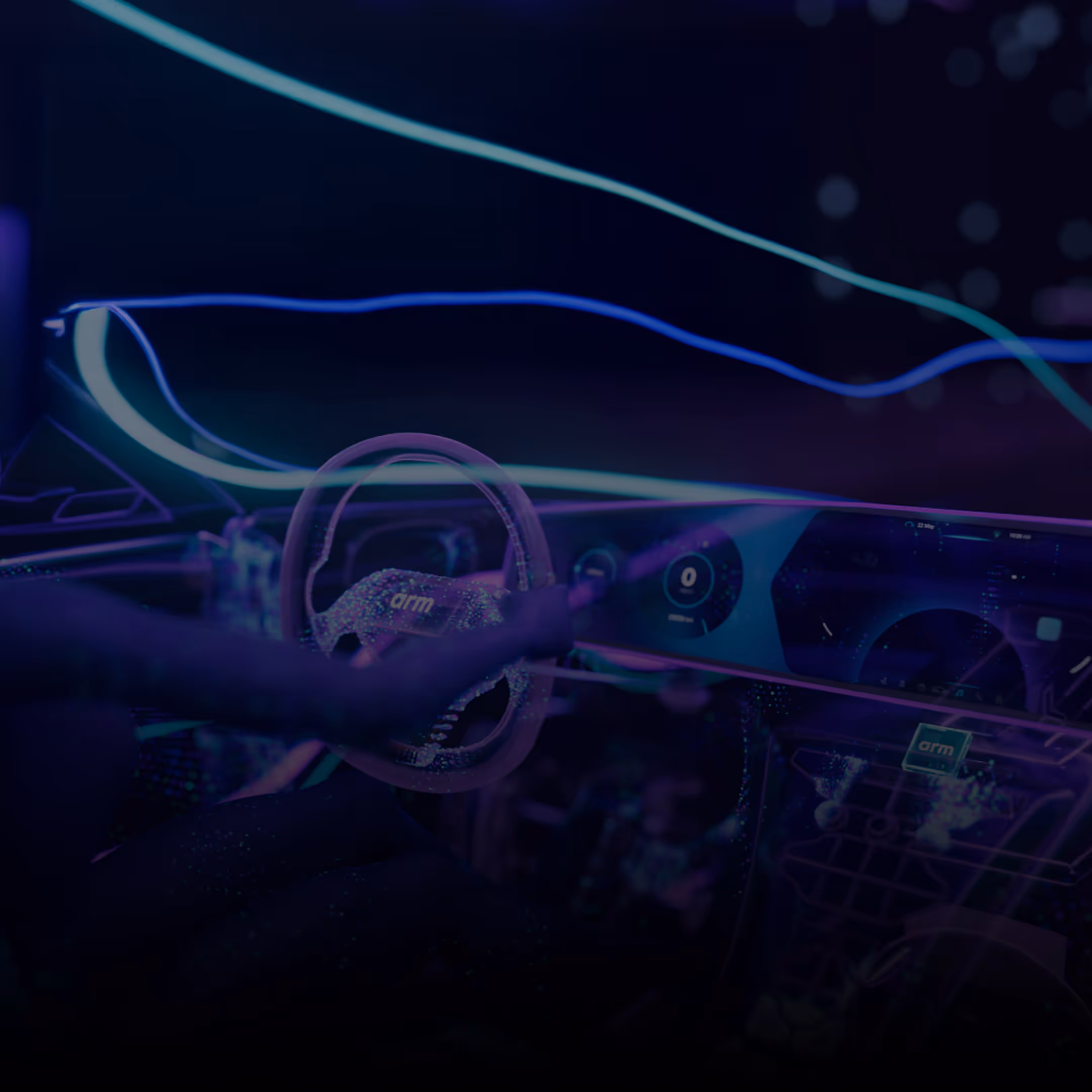 Futuristic digital dashboard with a glowing Arm-branded steering wheel, representing the launch of Arm Zena CSS for AI-defined vehicles.