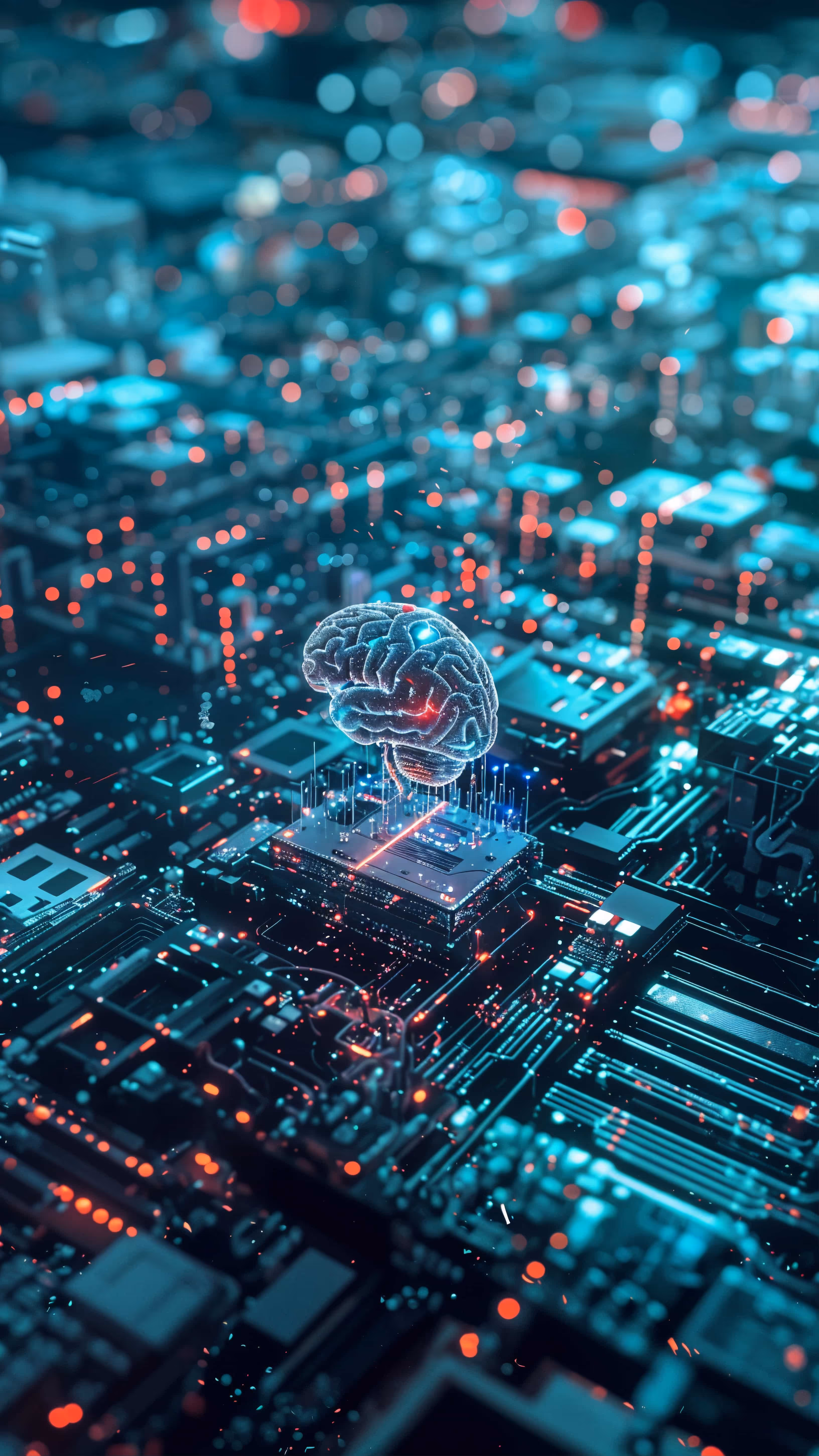 A glowing digital brain hovers above a microchip on a densely packed circuit board, representing artificial intelligence and high-performance computing.