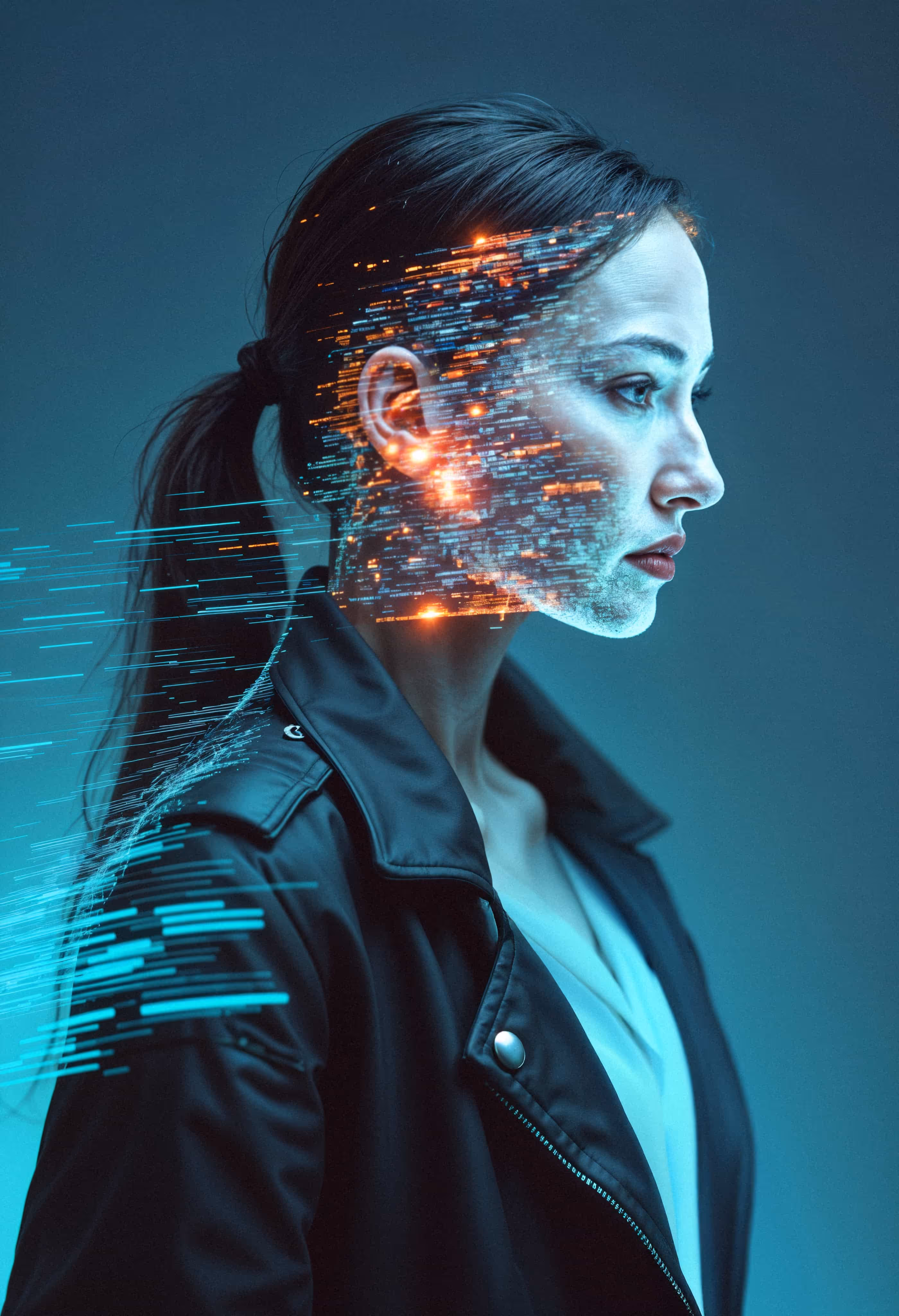 A futuristic portrait of a woman in profile, overlaid with glowing data streams and digital light effects, symbolizing AI integration and human-technology fusion.