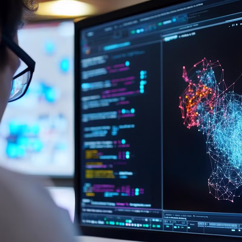 A person looks at a computer screen displaying colorful network data visualization and code, representing predictive modeling and machine learning analysis.