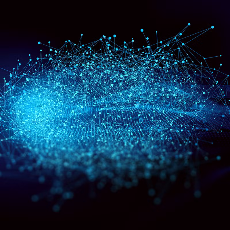 Abstract digital visualization of interconnected blue data points and lines, symbolizing machine learning model deployment and system integration.