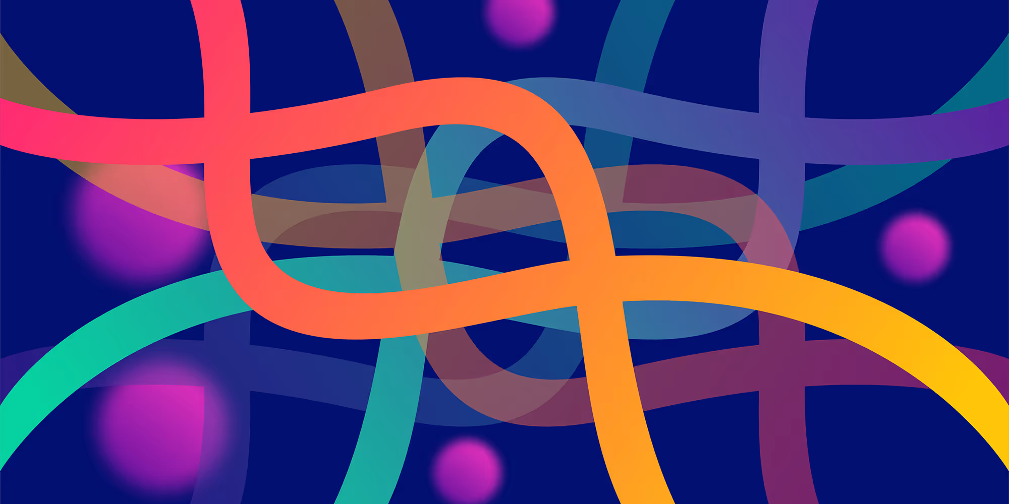 Colorful overlapping curved lines on a dark blue background with glowing pink orbs scattered.