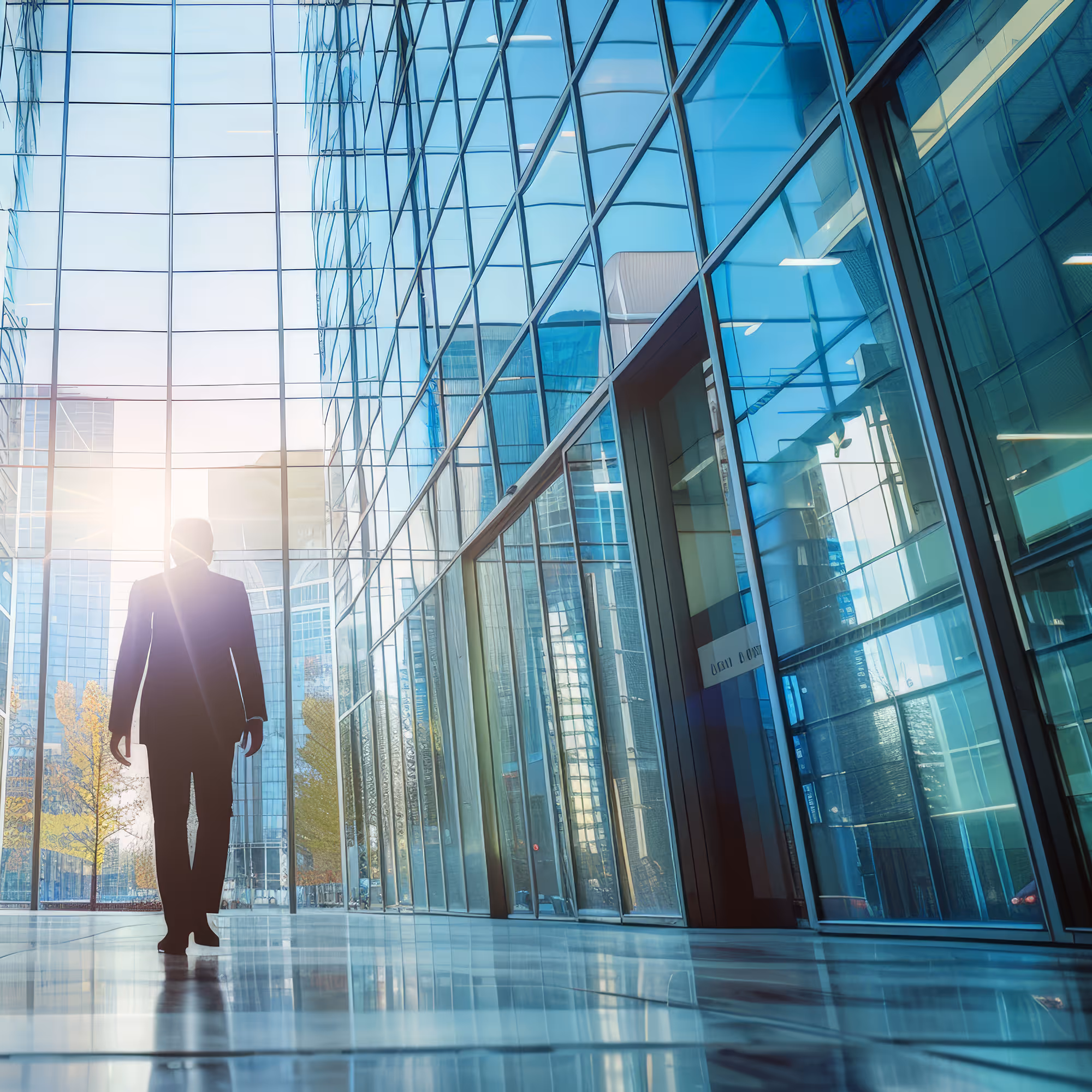 Business professional walking through a modern glass office building with sunlight reflecting on sleek architectural windows and polished floors.