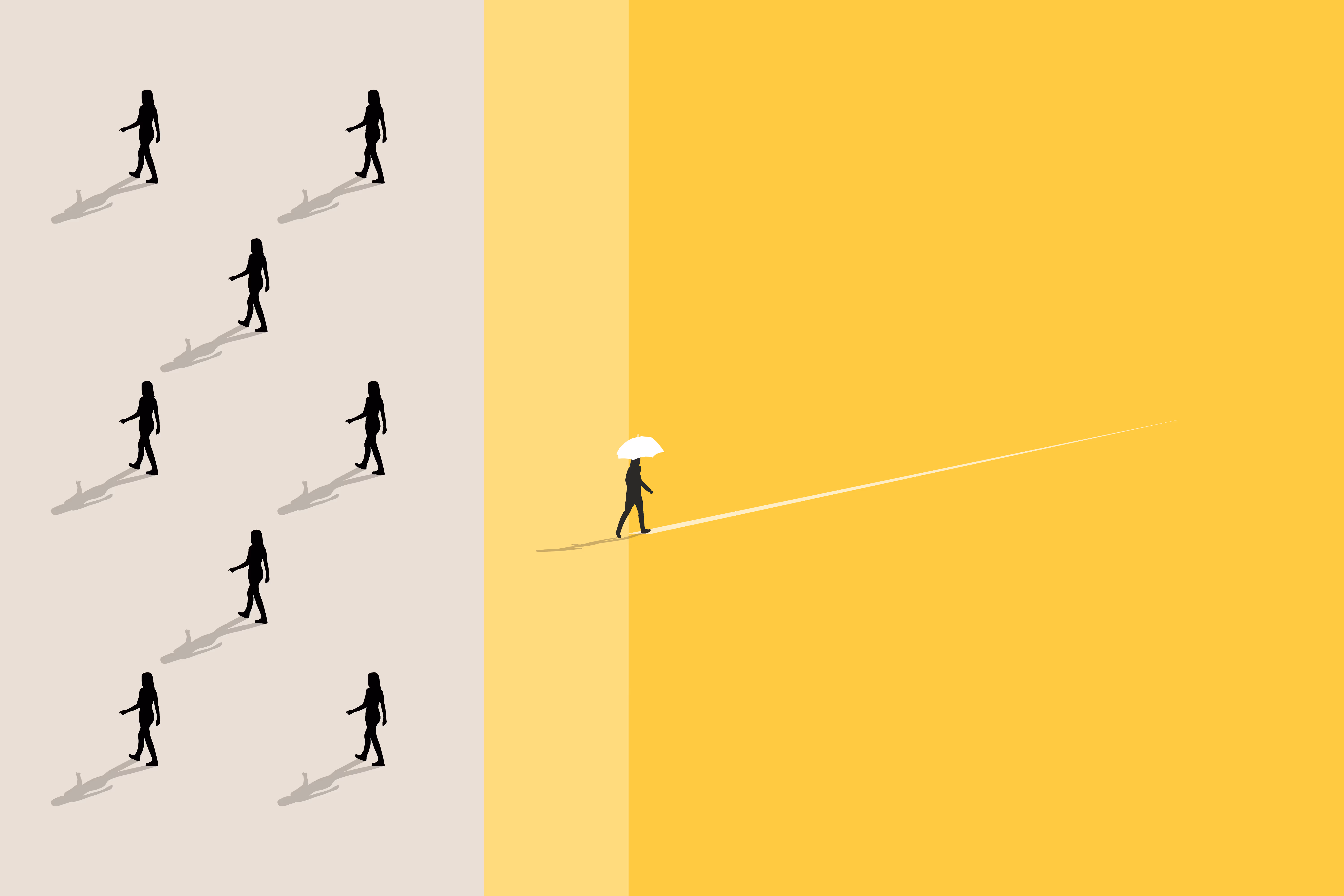 A person with an umbrella walks away from a group of identical walking figures on a yellow background.