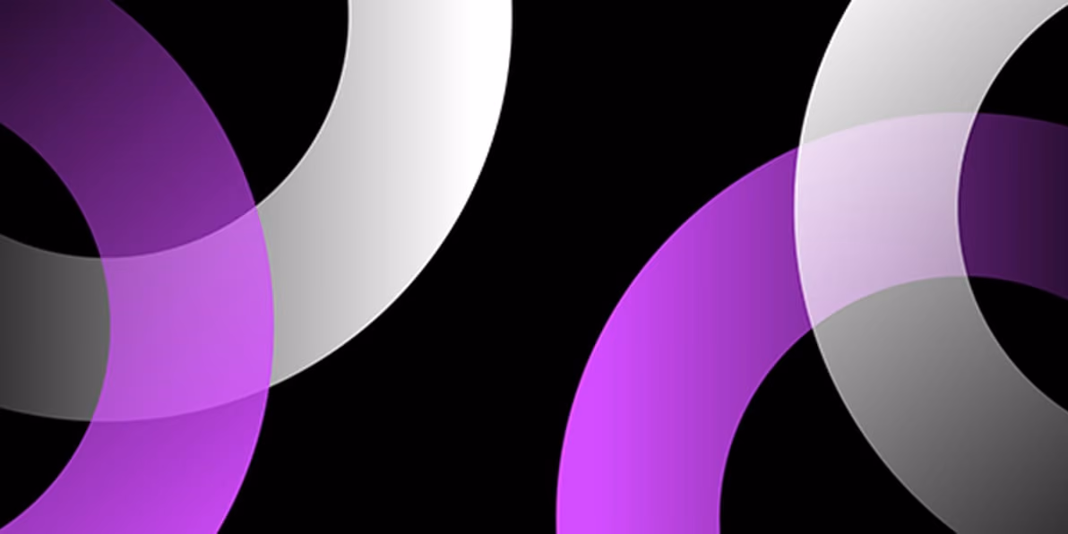 Colorful overlapping curved lines on a dark blue background with glowing pink orbs scattered.