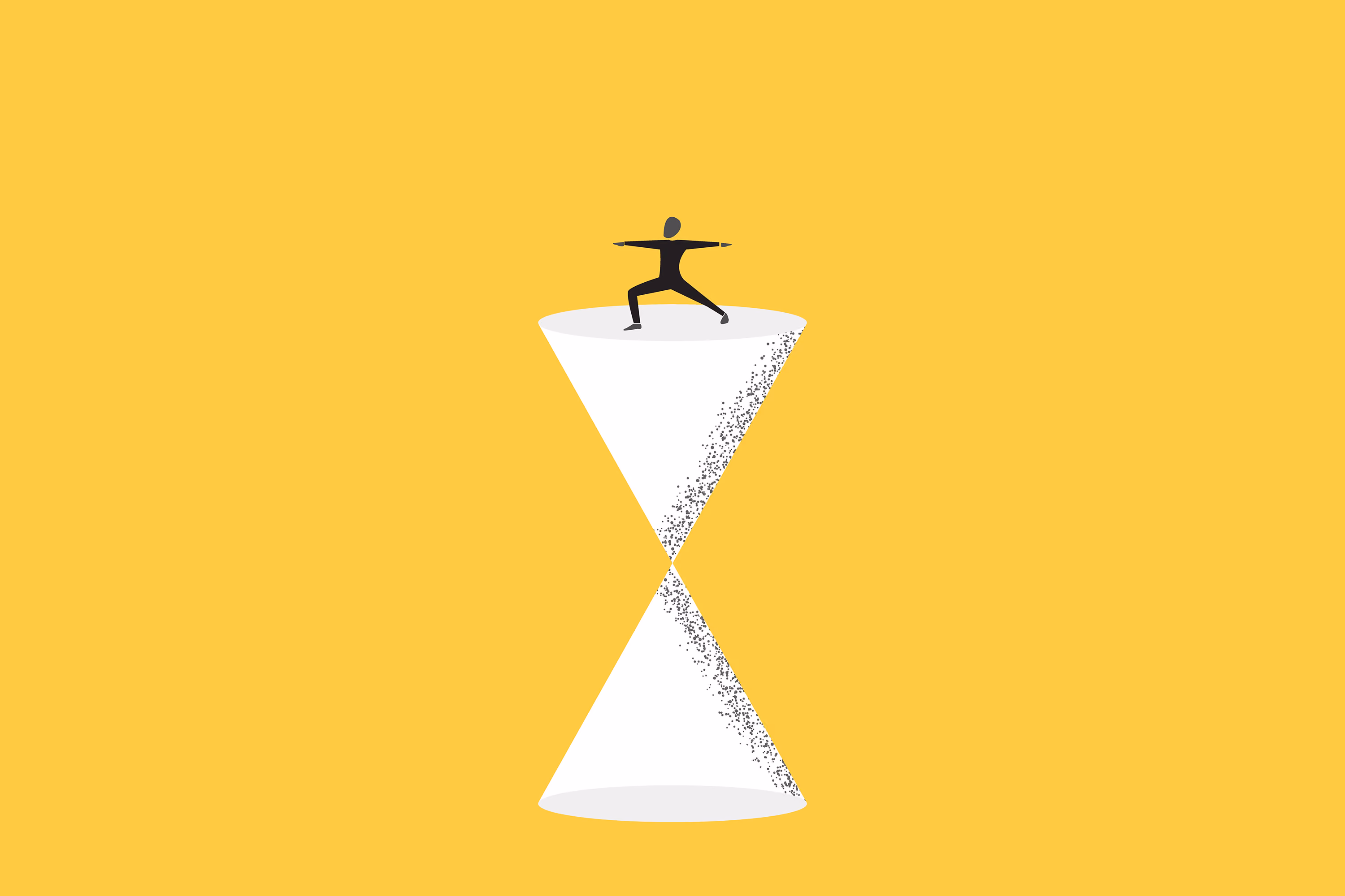 Minimalist illustration of a person balancing in a yoga pose atop an hourglass as sand falls through, set against a yellow background.