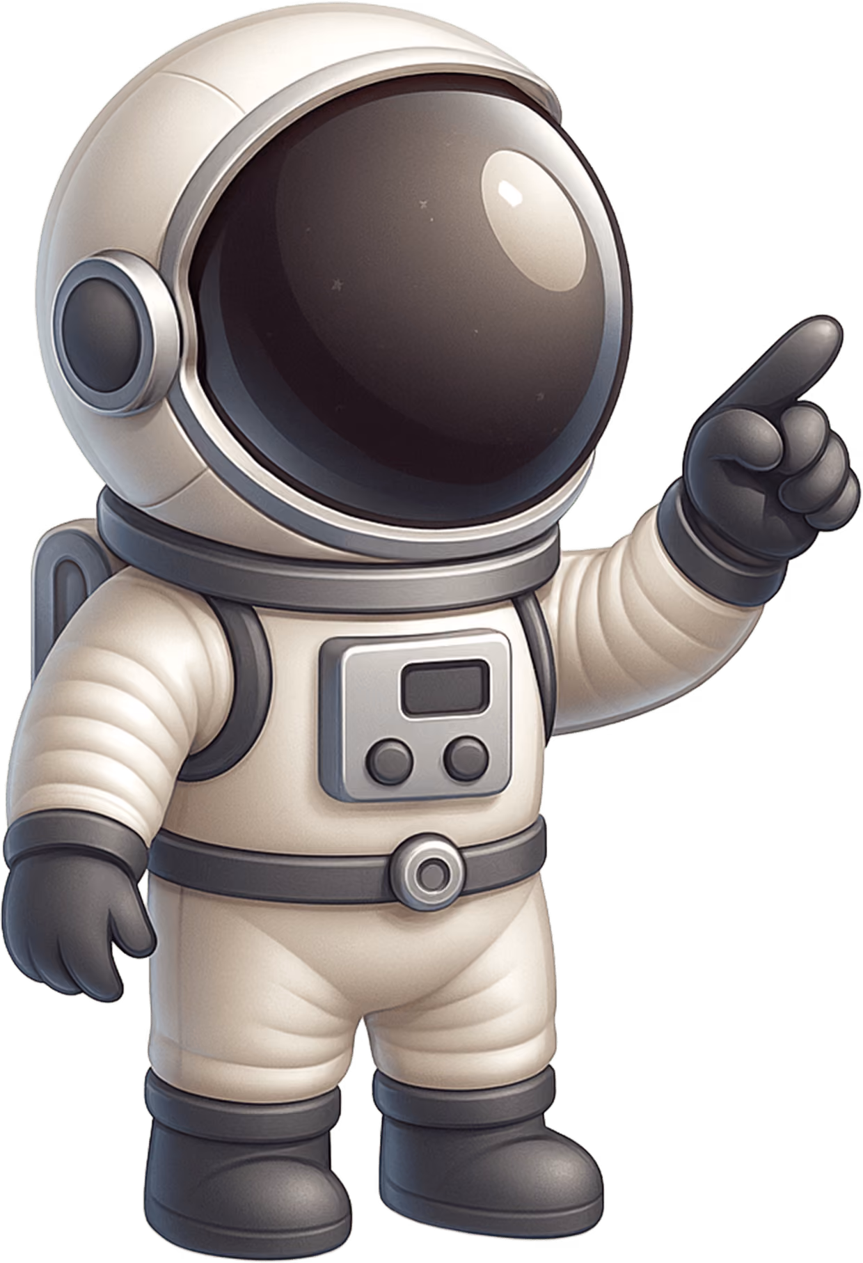 Cartoon astronaut in white suit and black gloves pointing right with a large helmet visor.