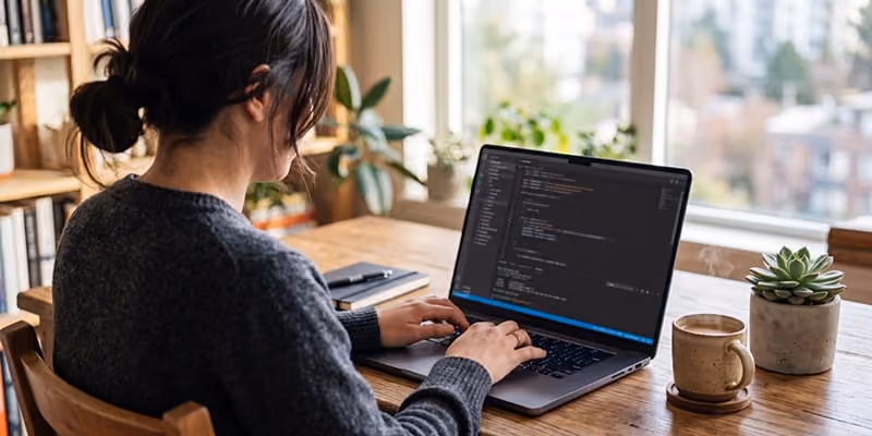 Woman working on a laptop in a brightly lite room.