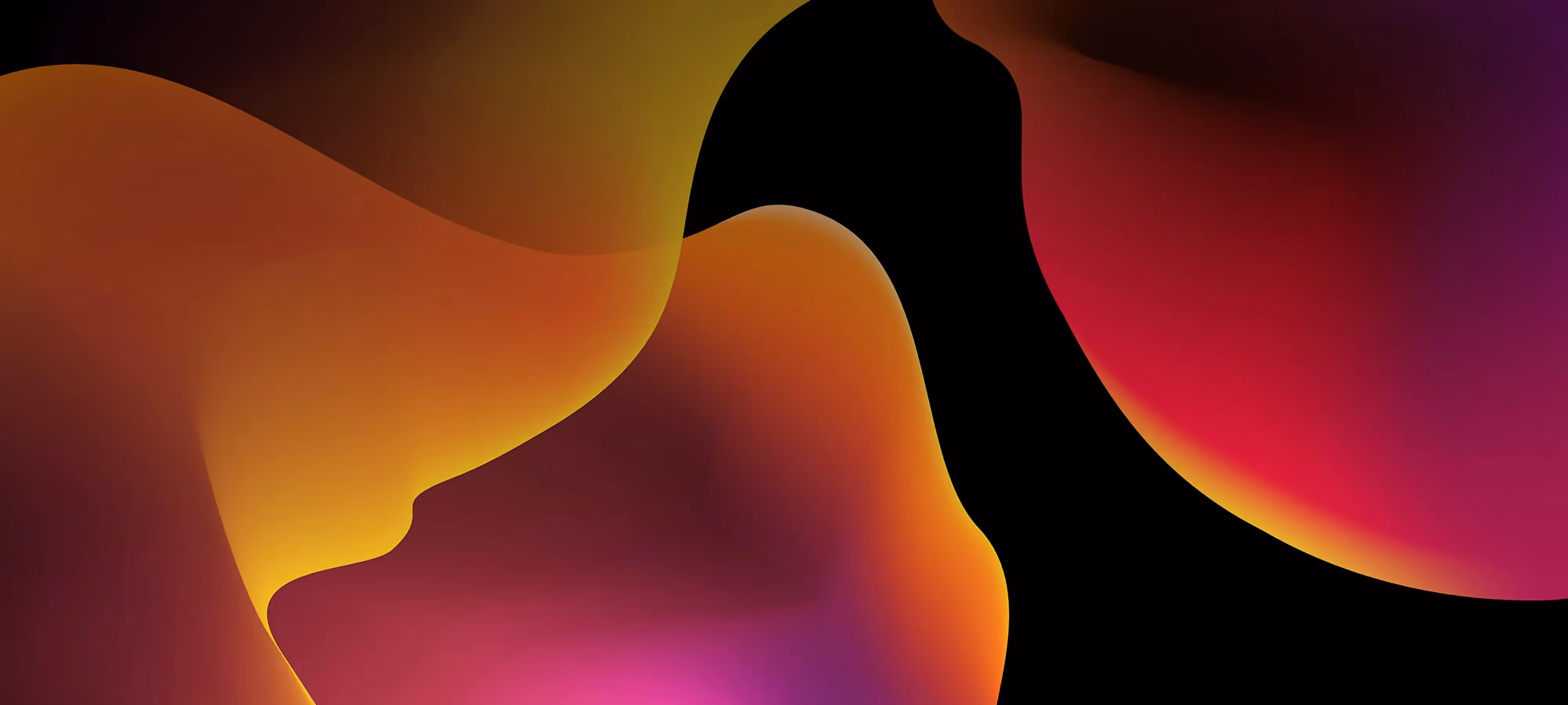 A mosaic of orange, yellow and pink on a black background in a wave-like shape.
