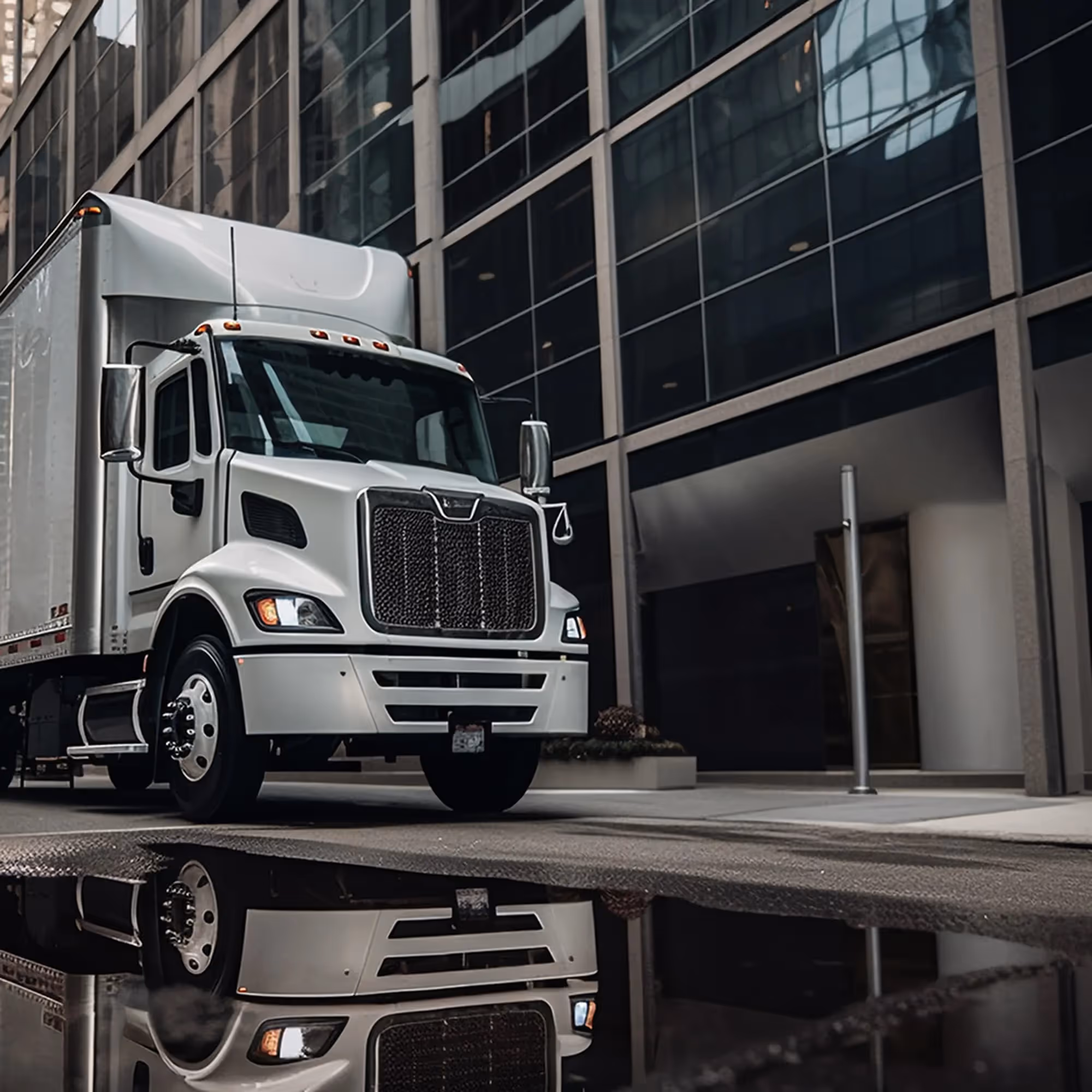 A large semi truck driving through a city street.