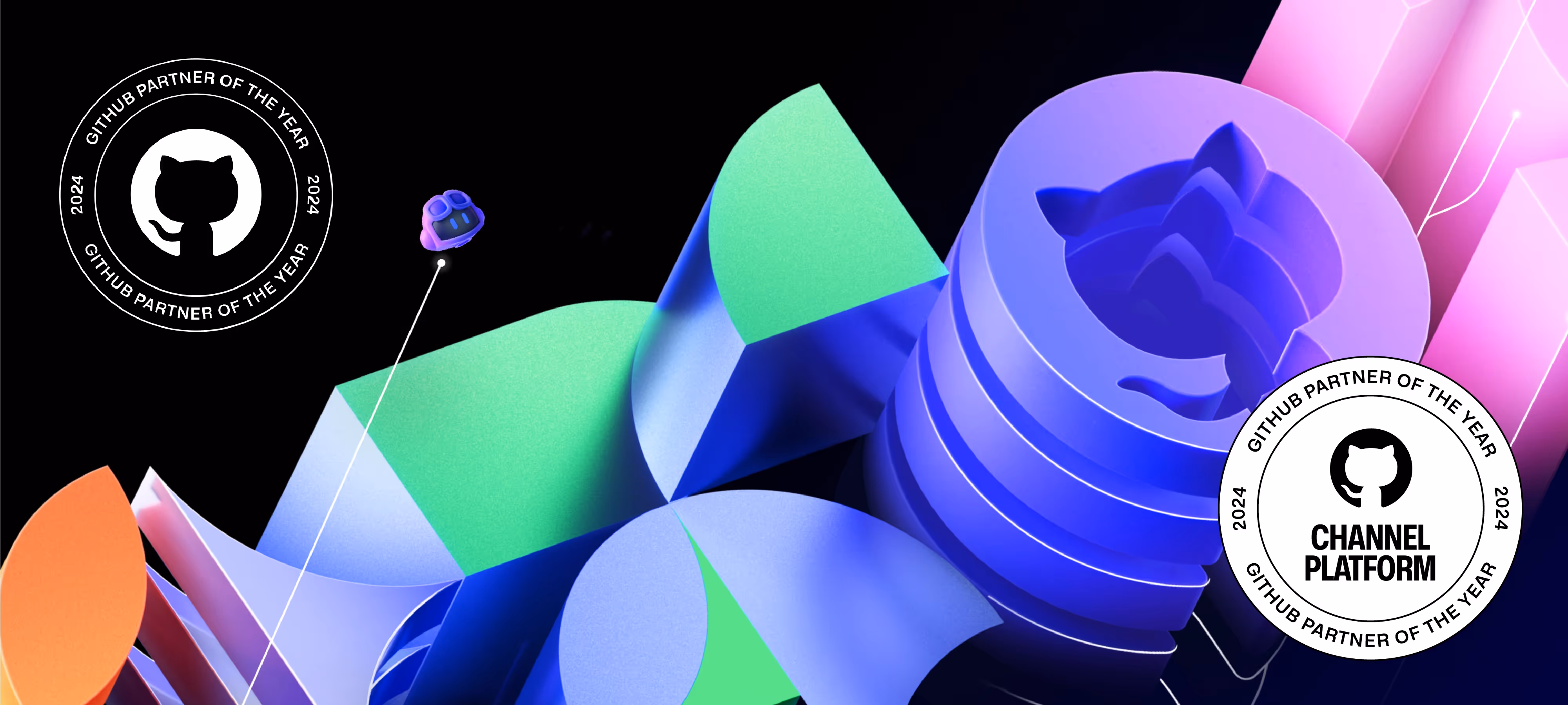 Colorful 3D-rendered shapes forming GitHub's cat logo on a dark background, accompanied by the 'GitHub Partner of the Year 2024' emblem in white, signifying recognition and achievement.