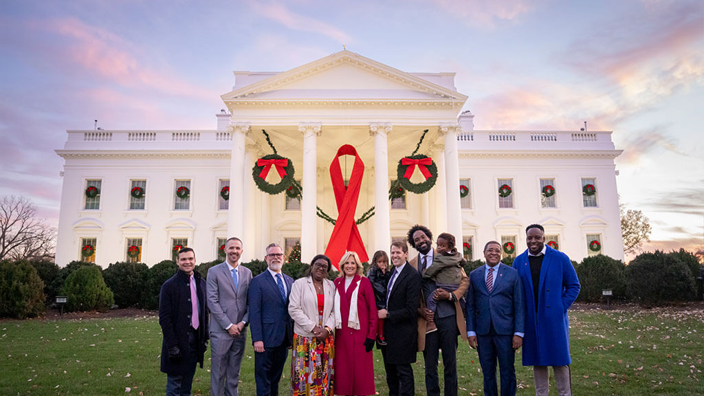 Former Equality Federation Deputy Executive Director, Ian, standing alongside fellow advocates and First Lady, Dr. Jill Biden, at the White House for the 35th anniversary of World AIDS Day in 2023.