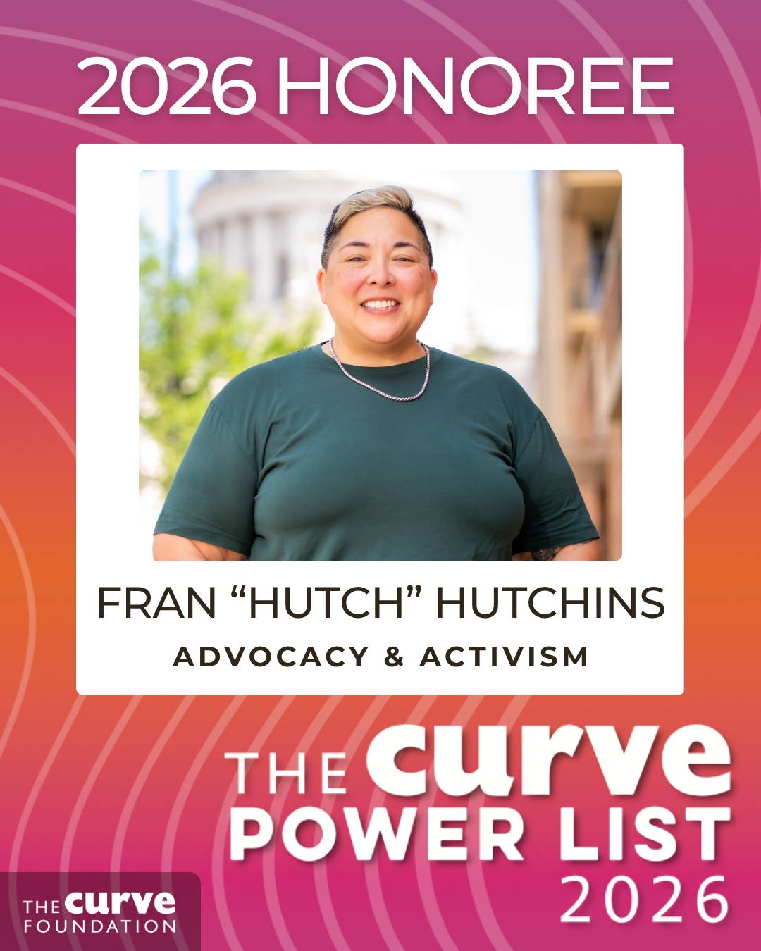 Image Description: On a pink and orange gradient background, thin white text reads, "2026 Honoree." Below this is a headshot of Hutch smiling. They are wearing a solid dark teal t-shirt and a silver chain necklace. Below the image is white bold text that says, "The Curve Power List 2026."