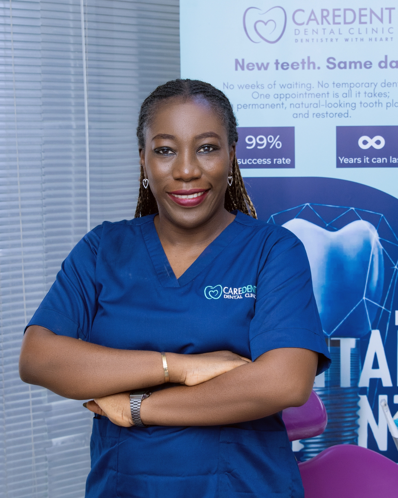 Dr. Folayemi Kola-Bankole, is the Founder and Lead Dentist at CareDent Dental Clinic. She holds a BDS from the University of Lagos (2003) and certifications in Implant Dentistry and various local and international certifications including P.G in Aesthetic & Restorative Dentistry from the British Academy of Restorative Dentistry. With 25 years of experience, she is currently the President of the Association of Private Dental Practitioners in Nigeria (APDPN).