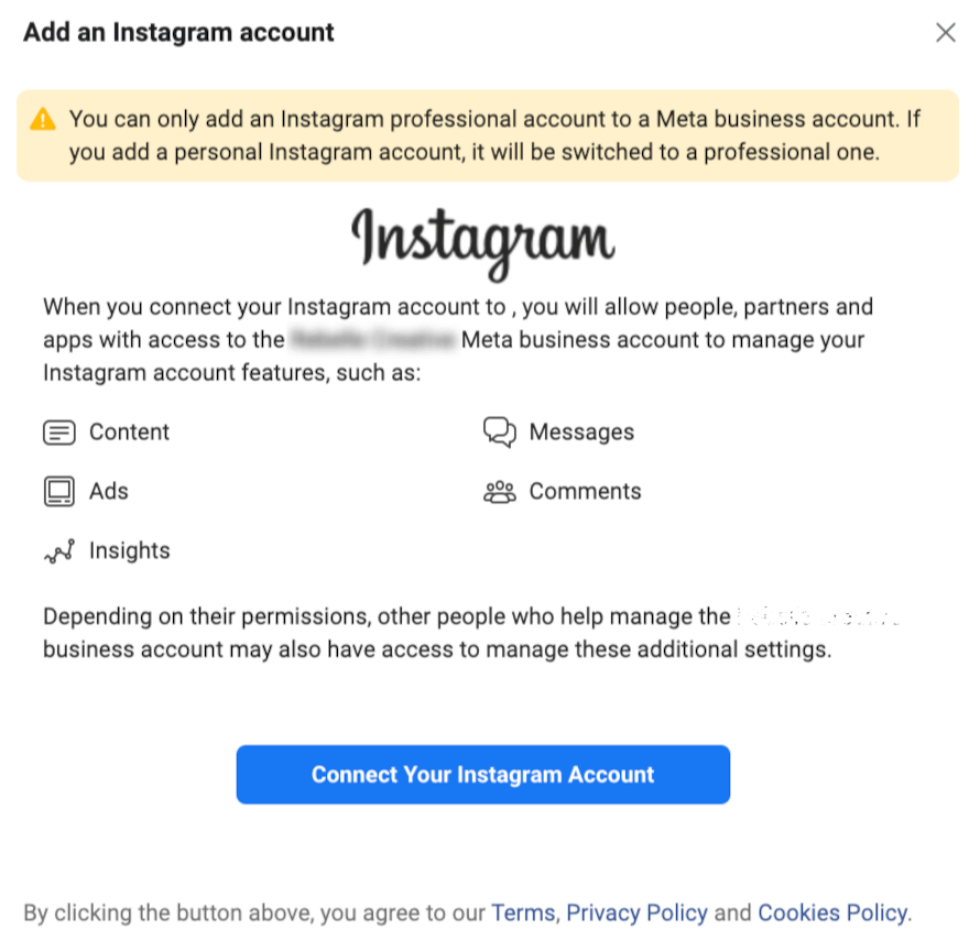 Connect your Instagram account popup in Facebook Business Manager.