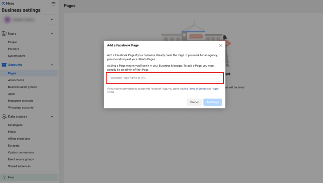 Popup to enter Page URL when adding a Page to Meta Business Manager.s