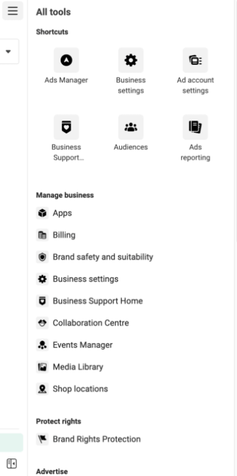 Menu showing all Meta Business Manager tools.