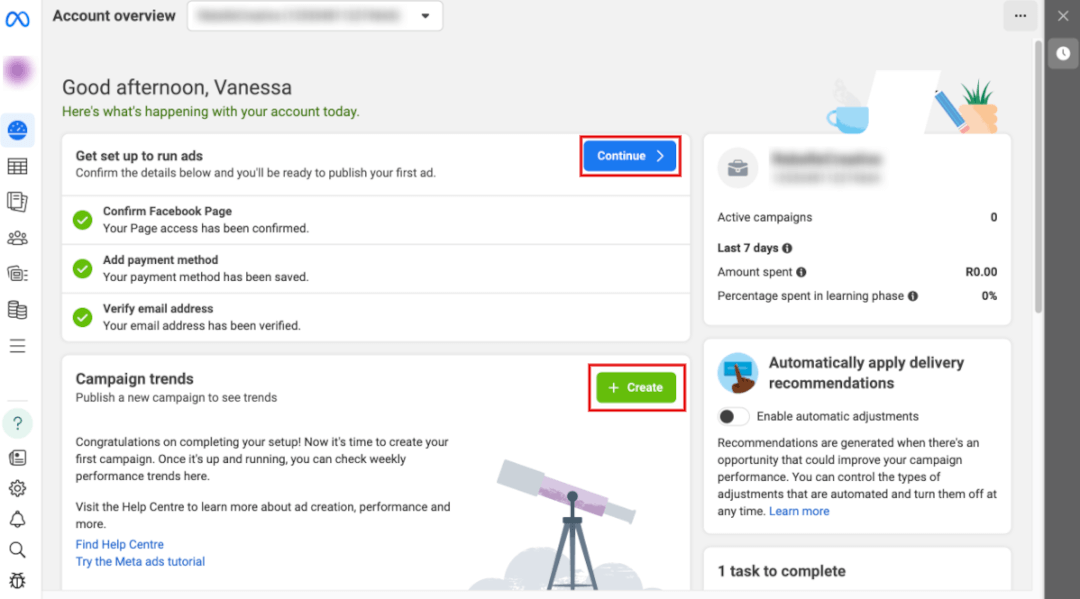 Account overview page in Meta Business Manager with buttons highlighted.