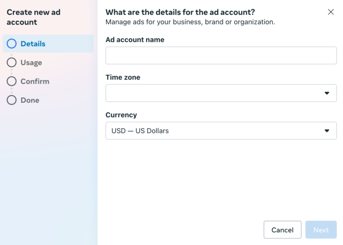 Create new ad account - add name, timezone, and currency
