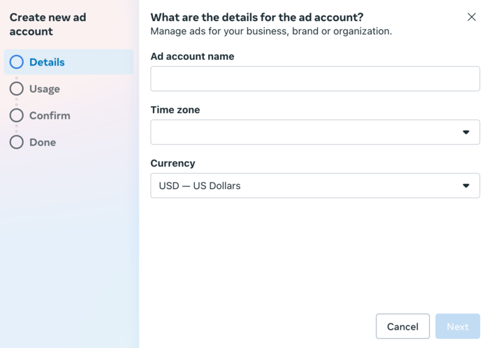 Create new ad account - add name,  timezone, and currency