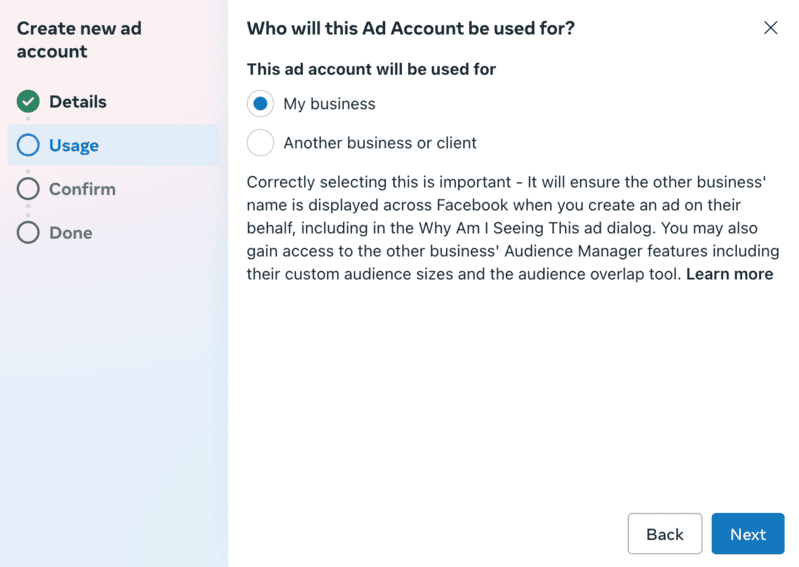 Add who the ad account will be used for