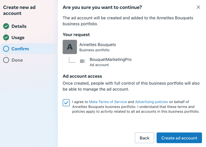 Create ad account button