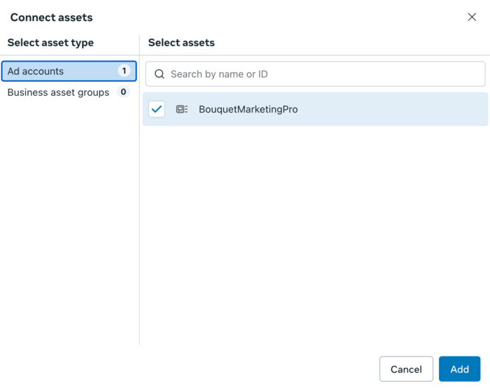 Business portfolio - connect assets - choose ad account