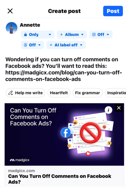 Creating a link post on Facebook via mobile