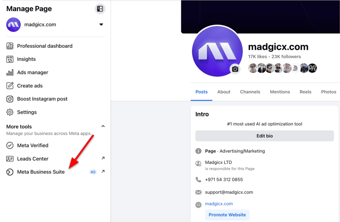 Business Page - sidebar Meta Business Suite