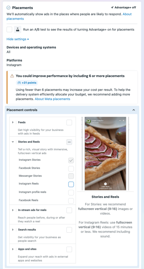 Ads Manager - choosing Stories placement
