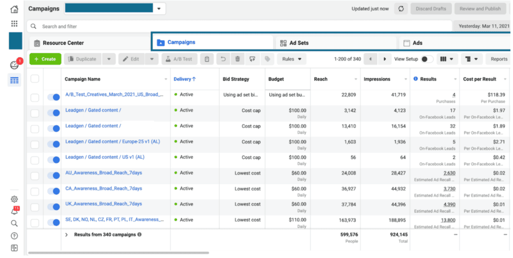 Ads Manager dashboard.