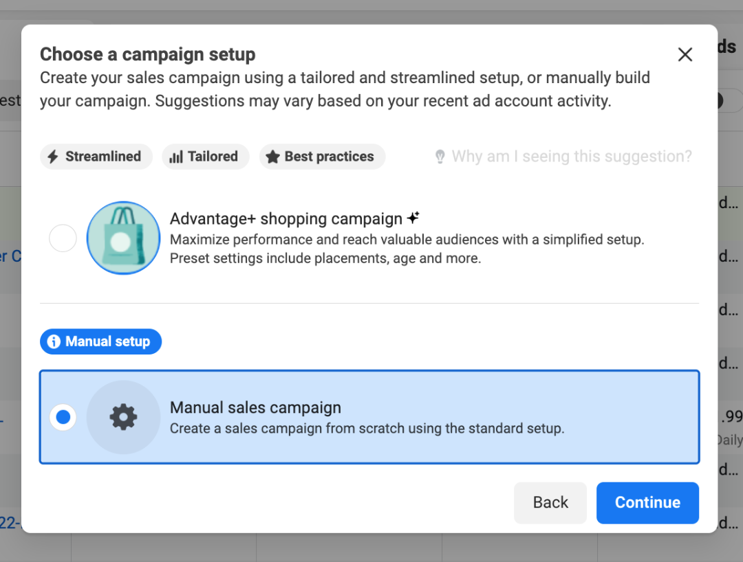 Meta Ads Manager - Choosing manual setup
