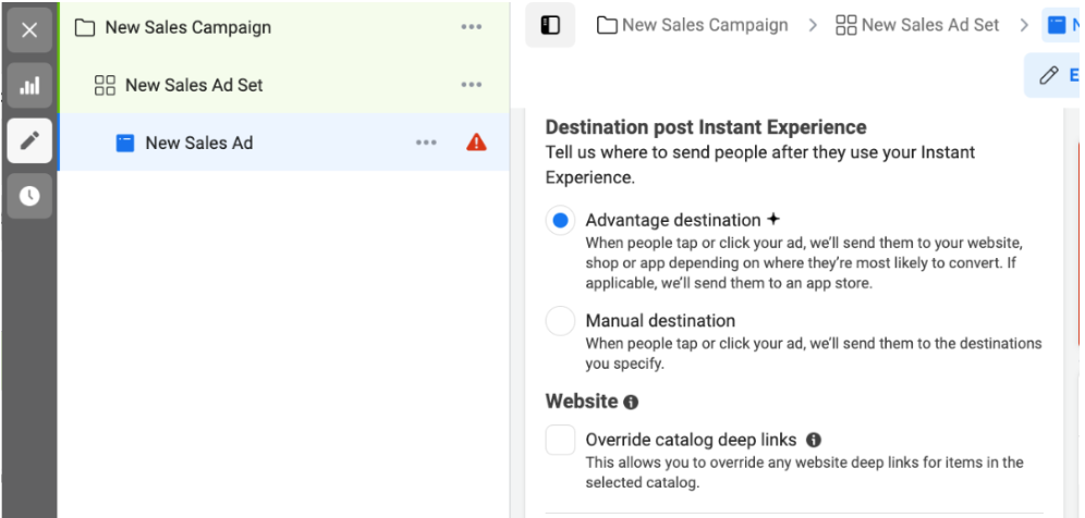 Ads Manager - destination post Instant Experience 