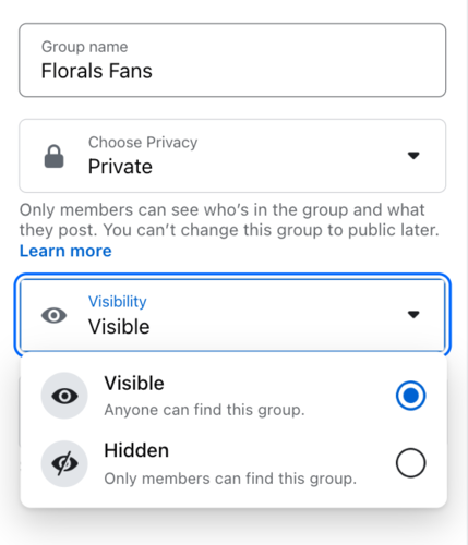 Facebook group visibility settings