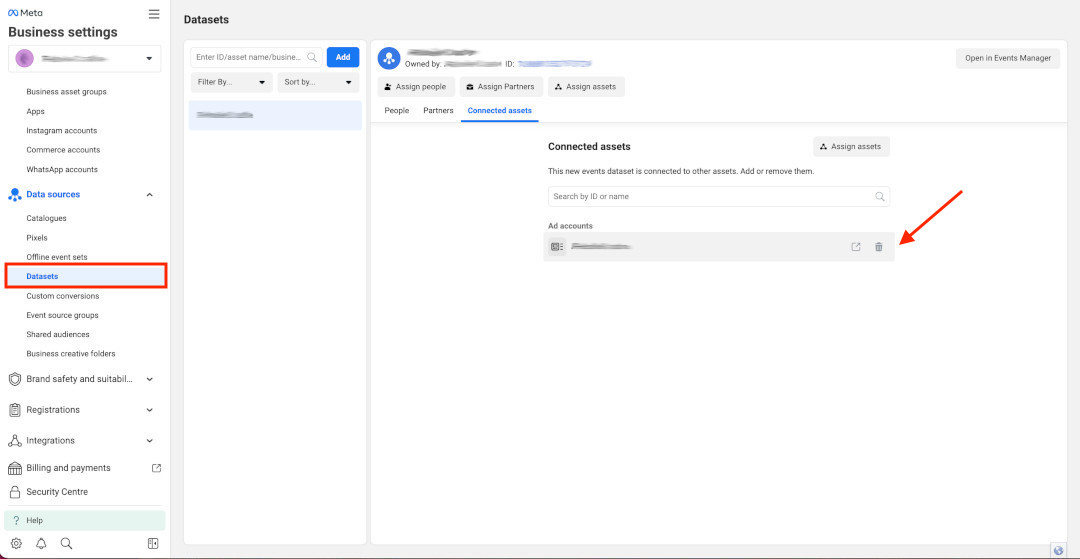 Datasets in Business Settings, in Meta Business Manager.