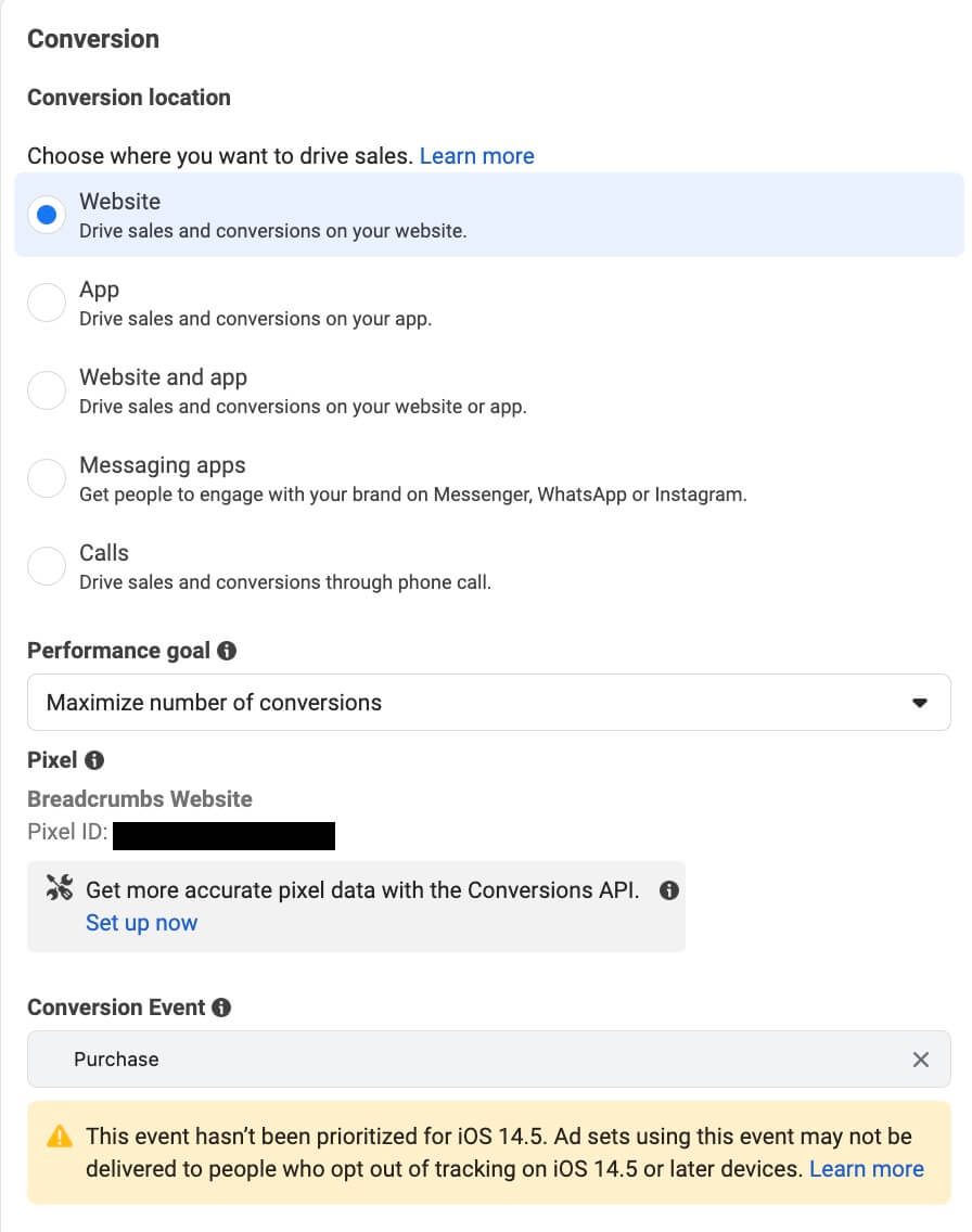 conversion setup facebook ad set