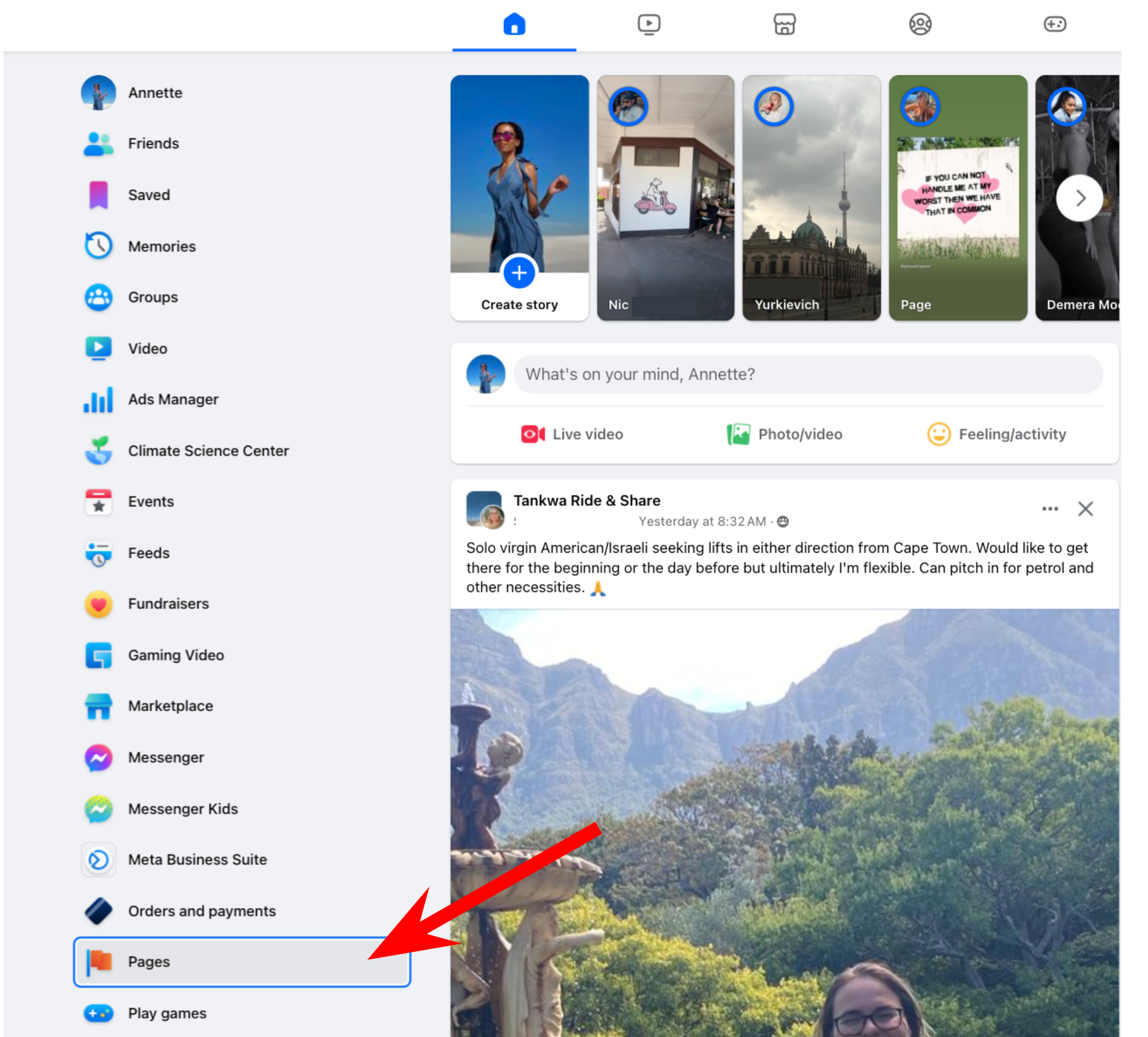 Facebook dashboard - Pages button