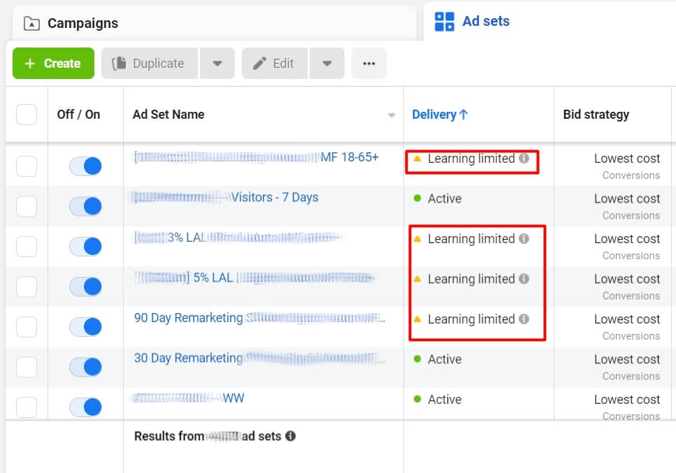 Facebook Learning Phase - Learning Limited status