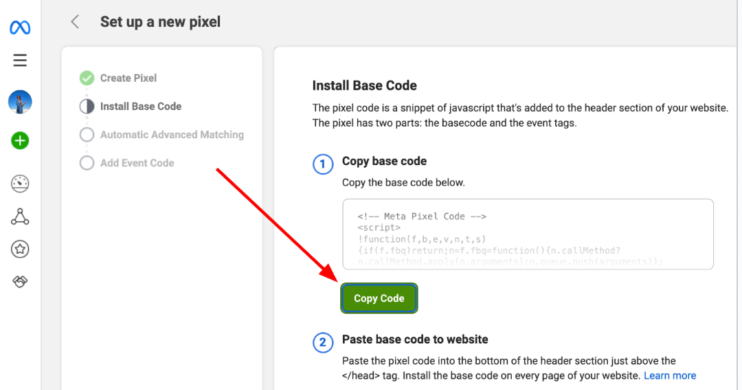 Meta Pixel setup - copy base code